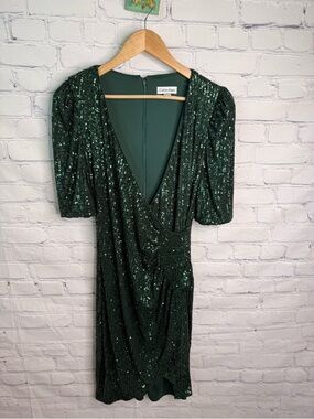 CALVIN KLEIN Green Sequin Puff Sleeve Party Dress 10